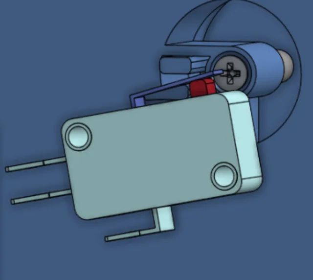 CAD close-up of a NOD arm contacting its internal microswitch