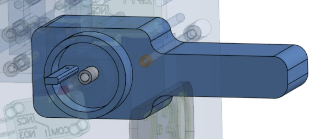 Transparent CAD view of the NOD articulated arm pivot and spring-return geometry