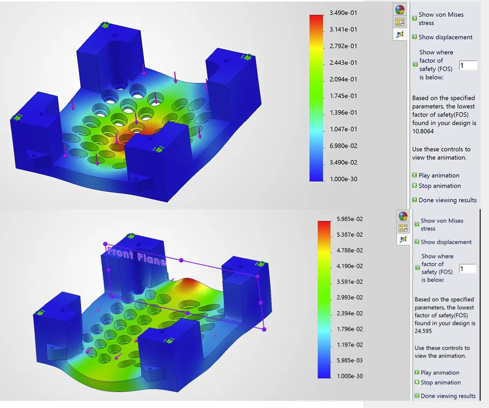 Two SolidWorks base FEA views showing the perforated cell-support surface and raised mounting regions