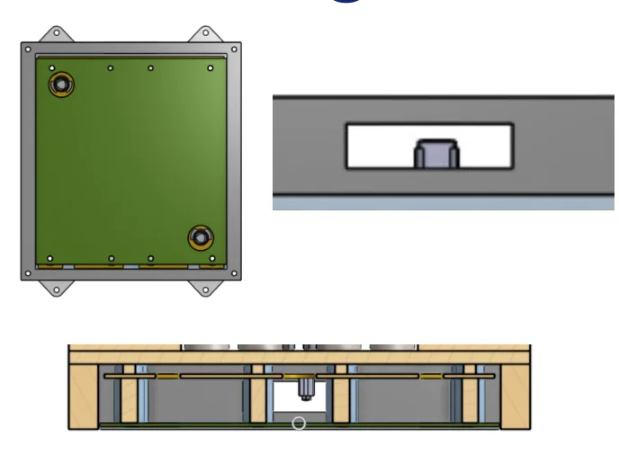 CAD detail showing a green circuit board, a connector aligned with a rectangular access opening, and a section through the board mounting space