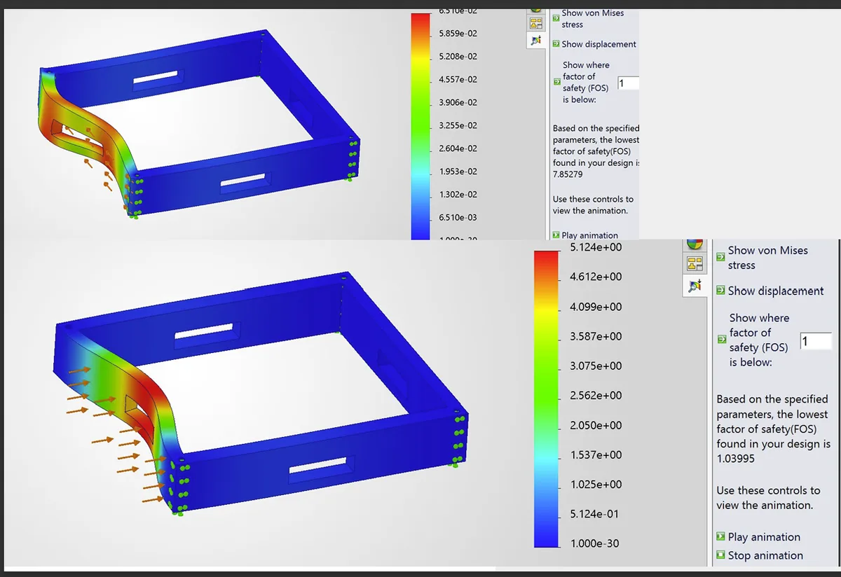 Two SolidWorks cage FEA views with horizontal load arrows, fixed attachment points, and result contours