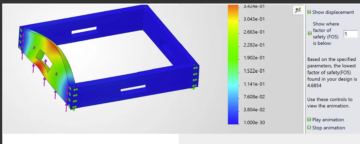 SolidWorks cage FEA view with vertical load arrows and result contours around the loaded wall