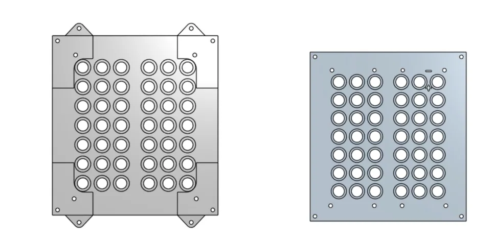 Two CAD views of cell-locating plates with repeated circular pockets and perimeter mounting holes