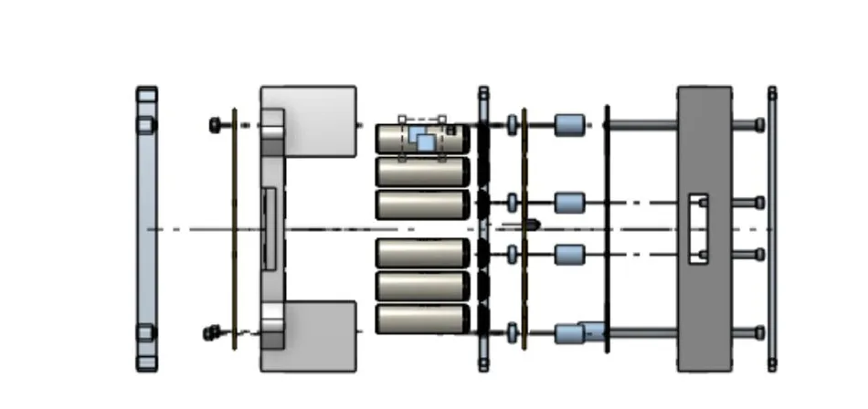 Exploded side CAD view showing battery cells, plates, structural parts, spacers, and fasteners