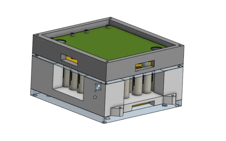 Isometric SolidWorks render of the complete 42-cell battery module with structural cage, cells, board, and mounting base