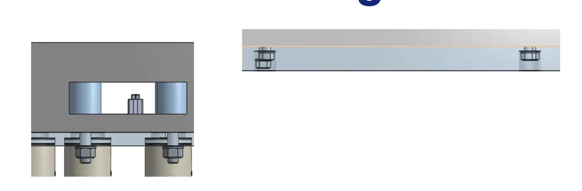 CAD close-up and side view of fastening hardware through the module structure