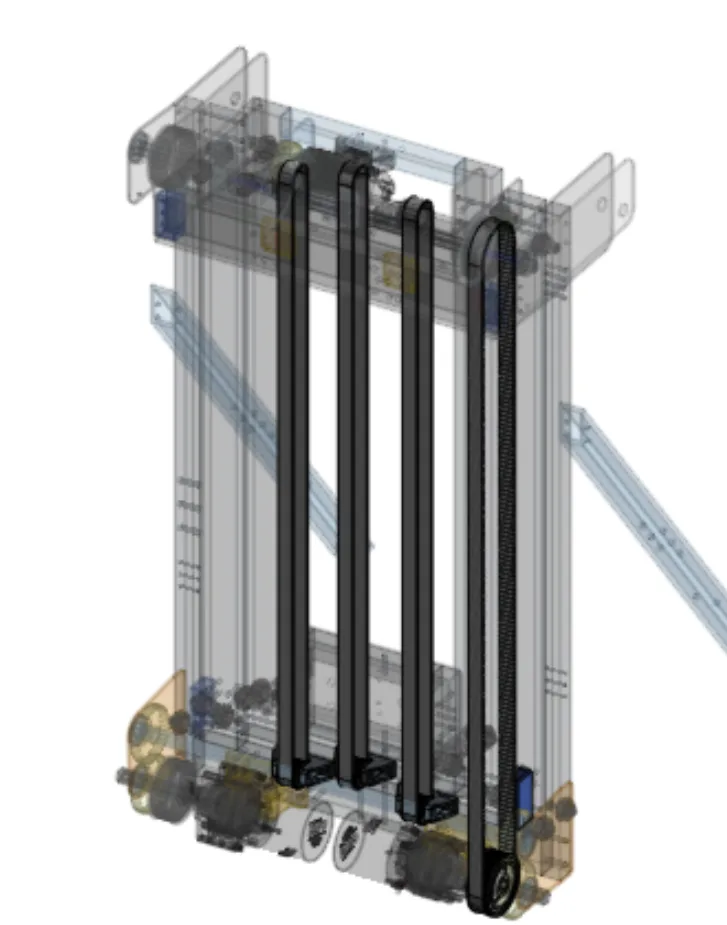 Transparent elevator CAD showing the cascading belt paths around all three stages