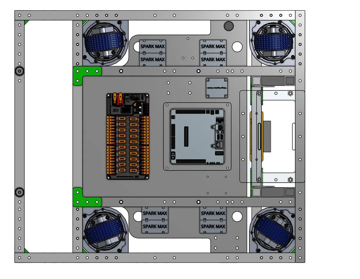 Top-down CAD of the bellypan showing roboRIO, power distribution, motor controllers, and battery placement