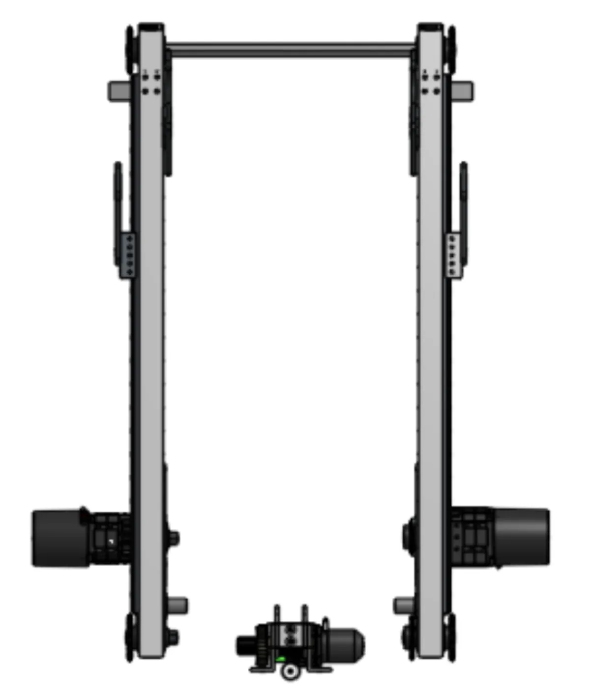 Front view CAD of the climbing mechanism showing the two vertical rails and drive motors