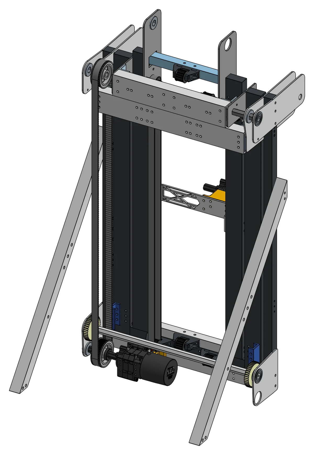 CAD isometric view of the three-stage cascading elevator assembly