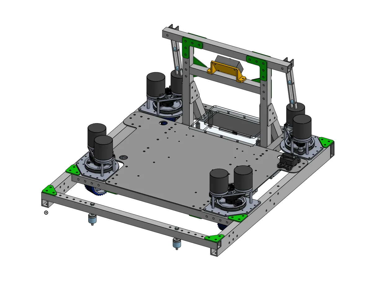 Isometric CAD view of the MK4 swerve chassis with bellypan and superstructure mounts