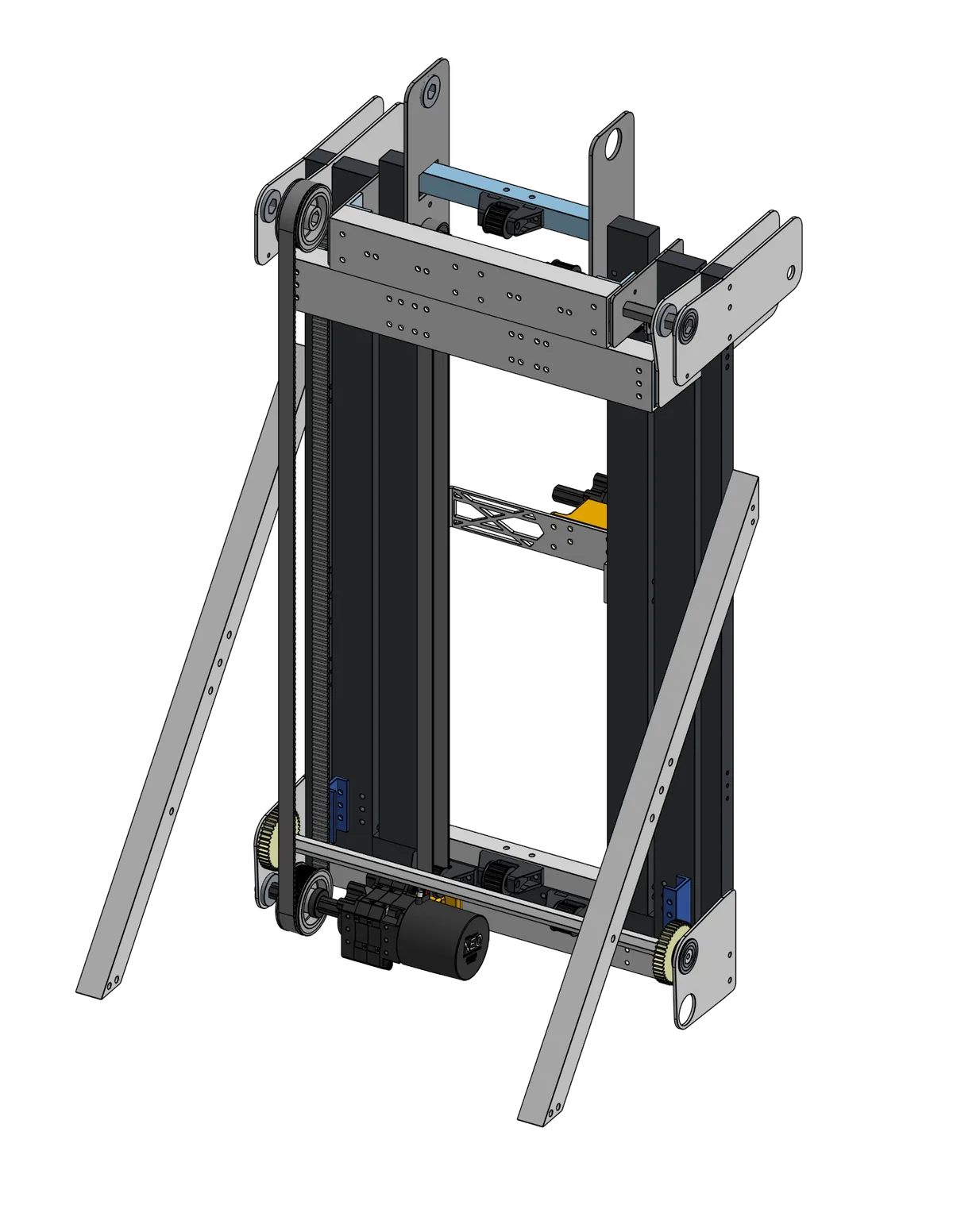 CAD isometric view of the three-stage cascading elevator assembly