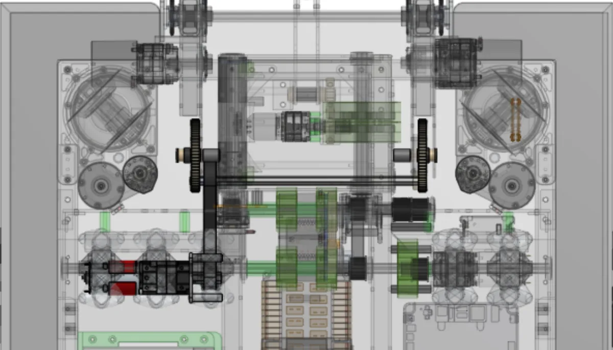 Transparent top-down CAD view showing the belt reduction, intermediate shaft, and gear reduction into the climber pivot