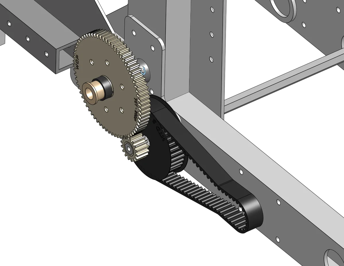 CAD close-up of the climber dead-axle pivot, gear reduction, and belt transmission