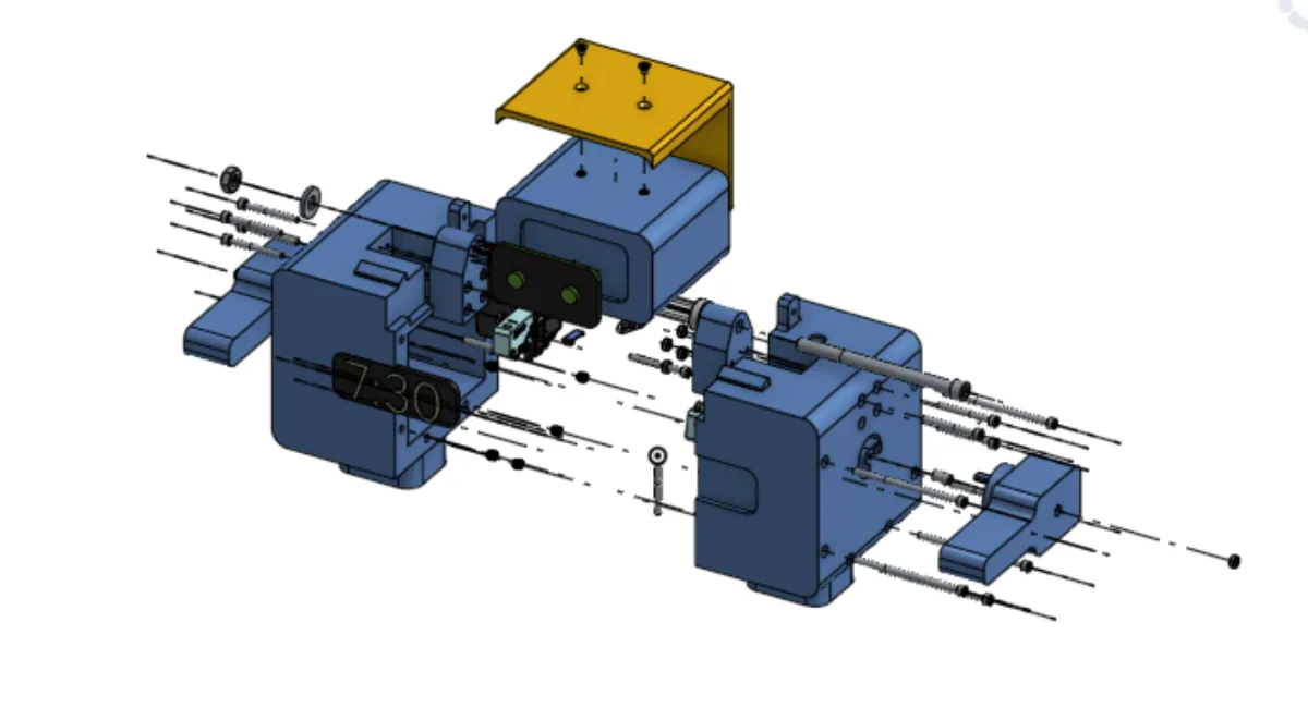 Exploded CAD assembly of NOD showing the split body, head, arms, mechanisms, and fasteners