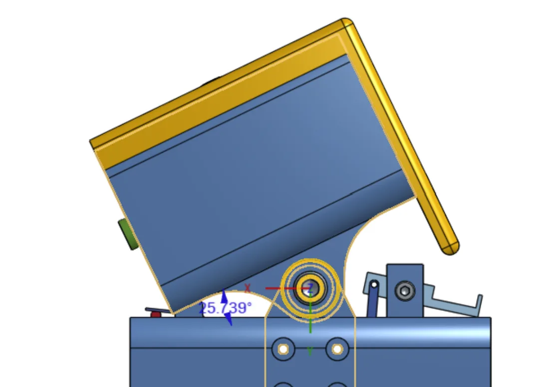 Side CAD view of the NOD head mechanism at its defined upright and 25-degree lowered positions