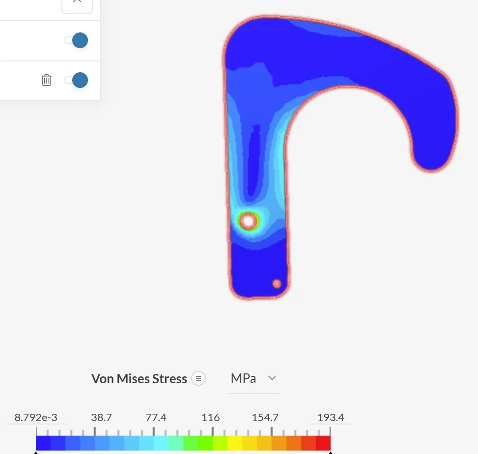 Finite element analysis plot of a carbon-fiber climber hook showing von Mises stress