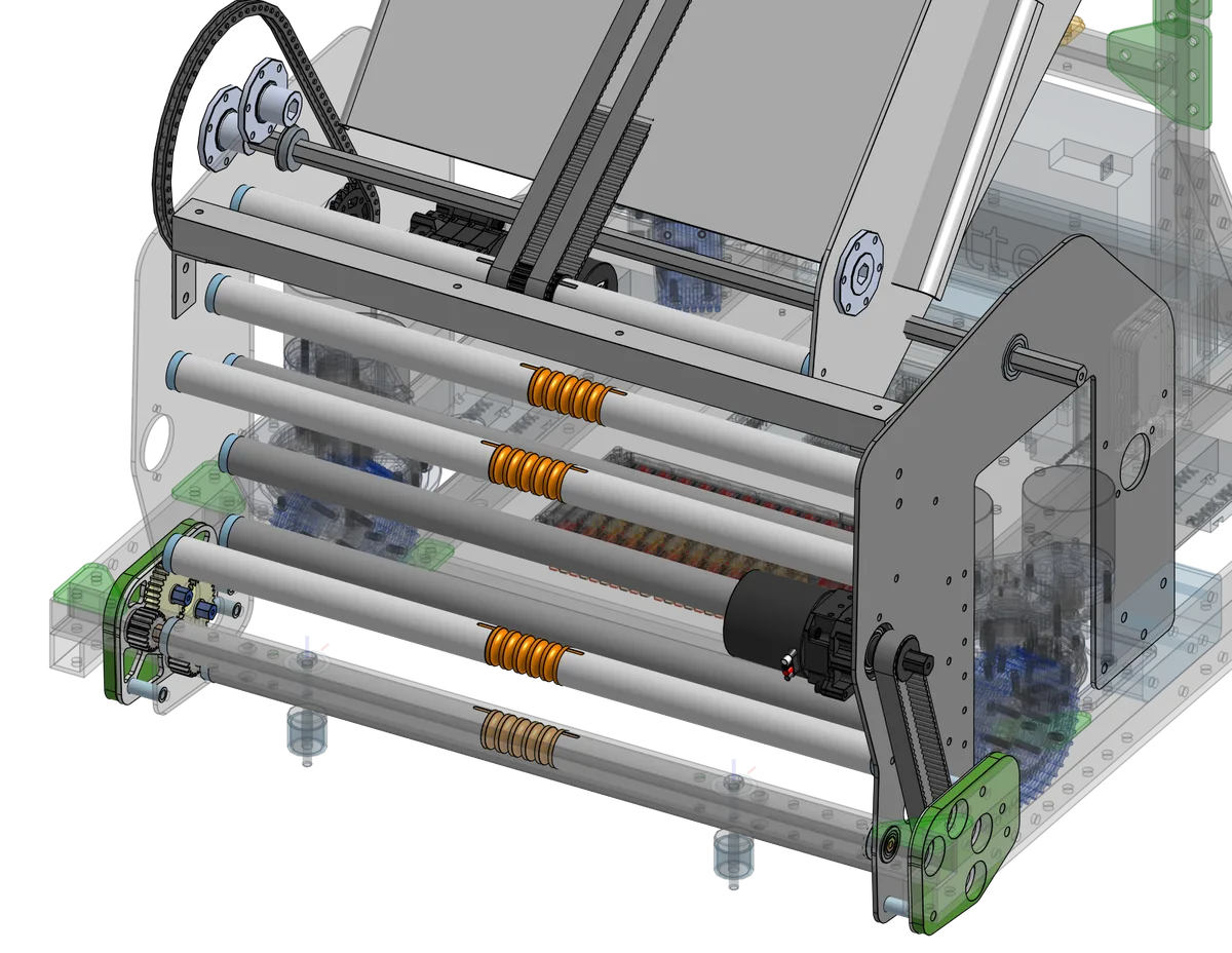 Transparent CAD close-up of the under-bumper intake and indexer packaged against the drivebase