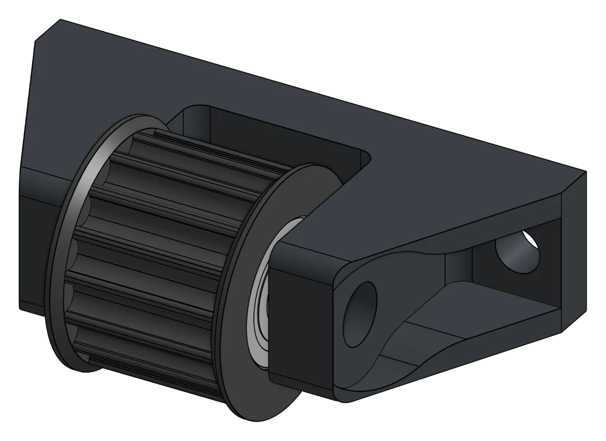 CAD close-up of the reinforced custom elevator pulley with internal support structure