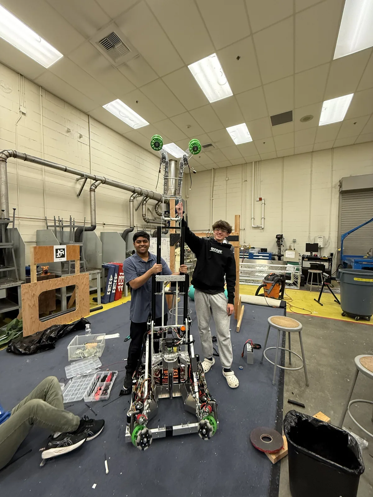 A three-stage cascading elevator at full extension on an FRC competition robot