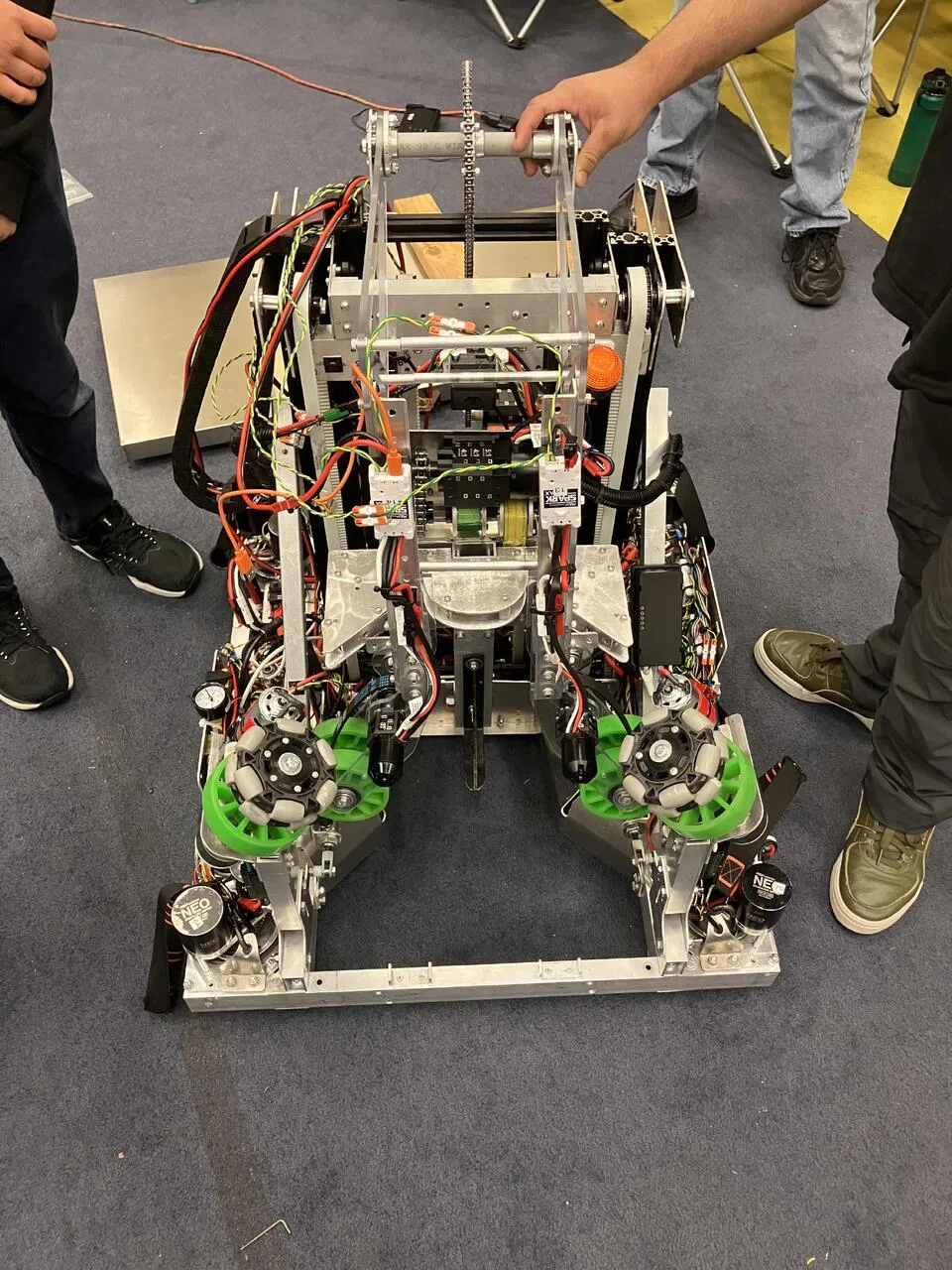 Top view of the competition robot showing the elevator integrated with the surrounding mechanisms