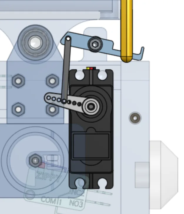 Transparent CAD view of the NOD servo and printed linkage with the latch engaged