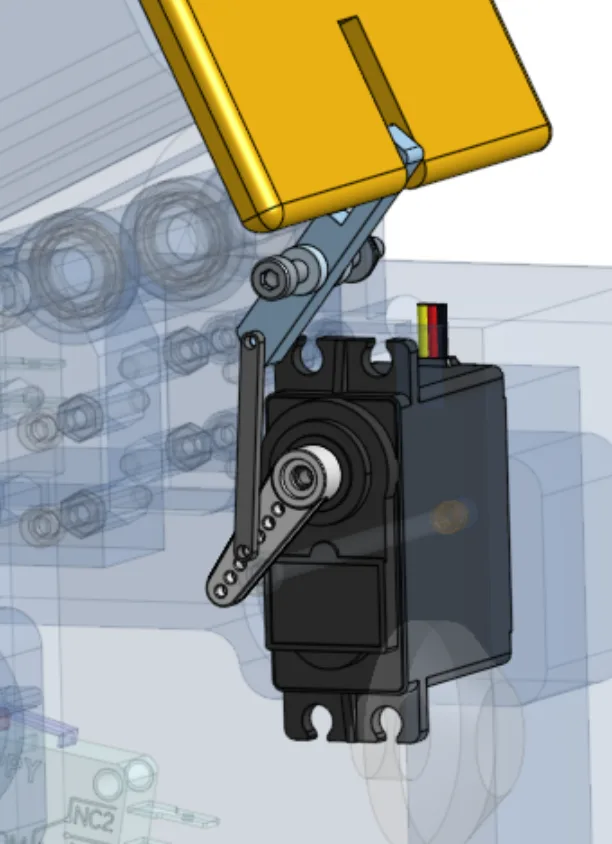 Front CAD view of the NOD servo and printed linkage rotating the latch clear of the striker